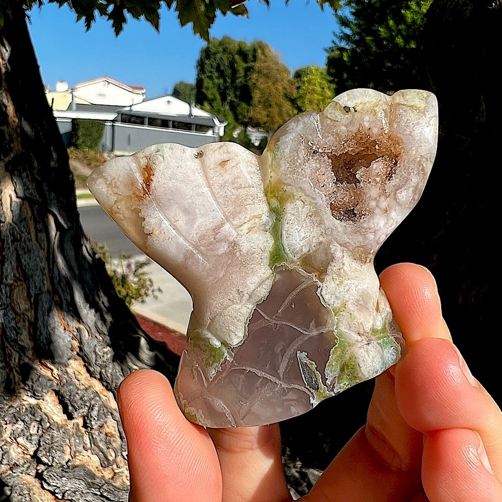 Green Flower Agate Mermaid Tail Carving With Druzy Pockets